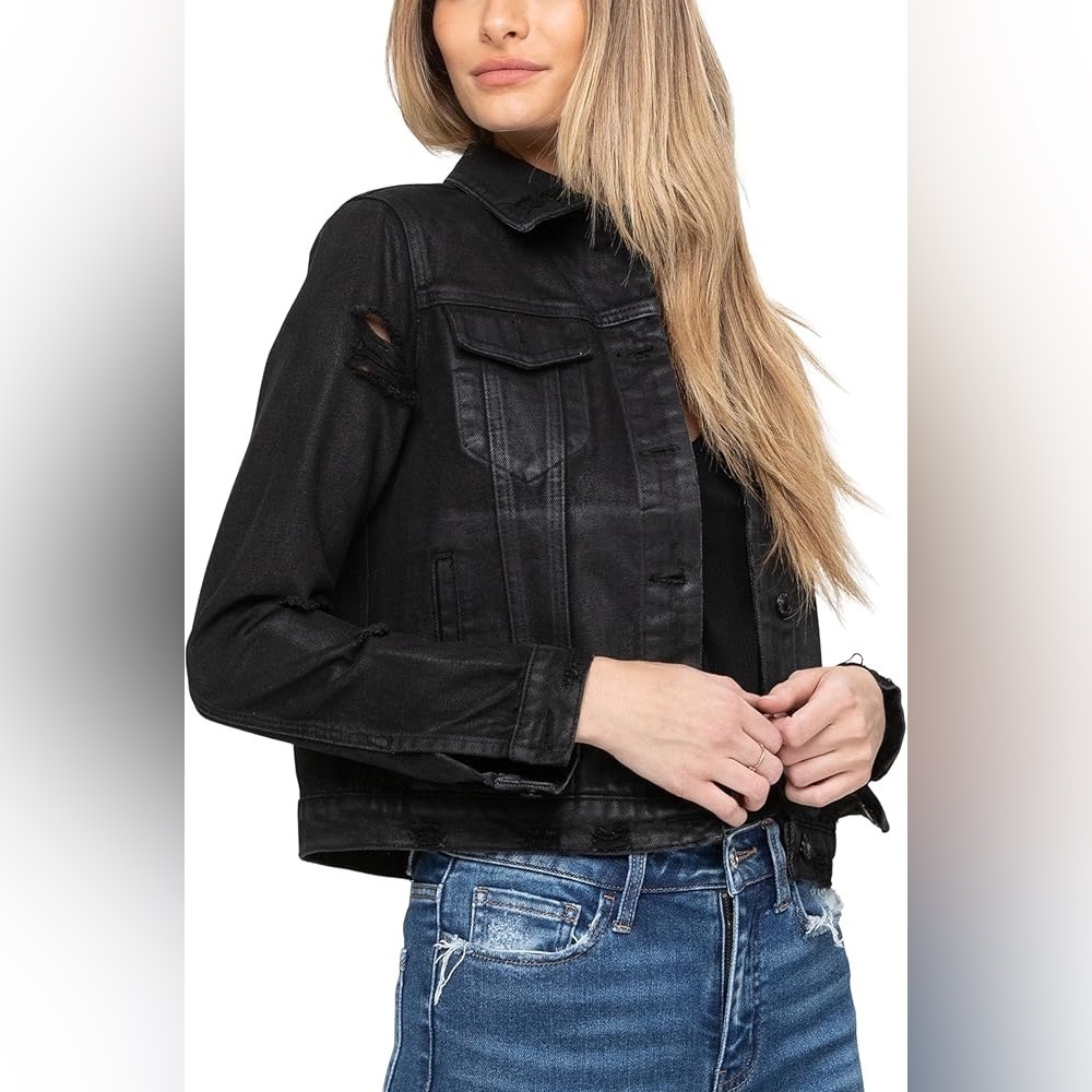 Vervet black coated distressed denim jacket classic crop fit‎ size large